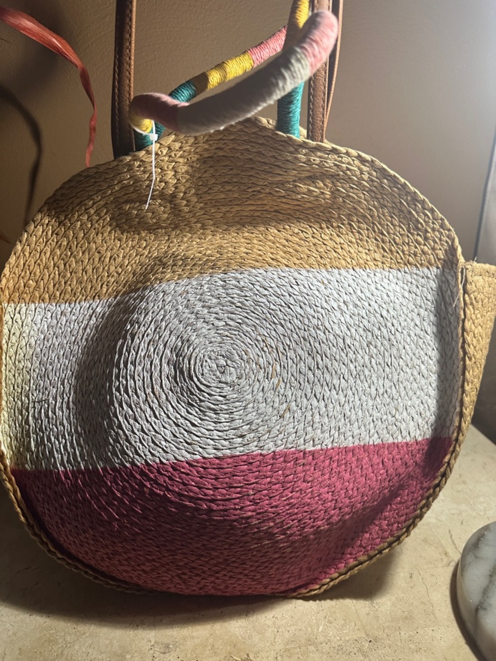 Round Straw Tote Bag with Pink, White & Natural Color Block